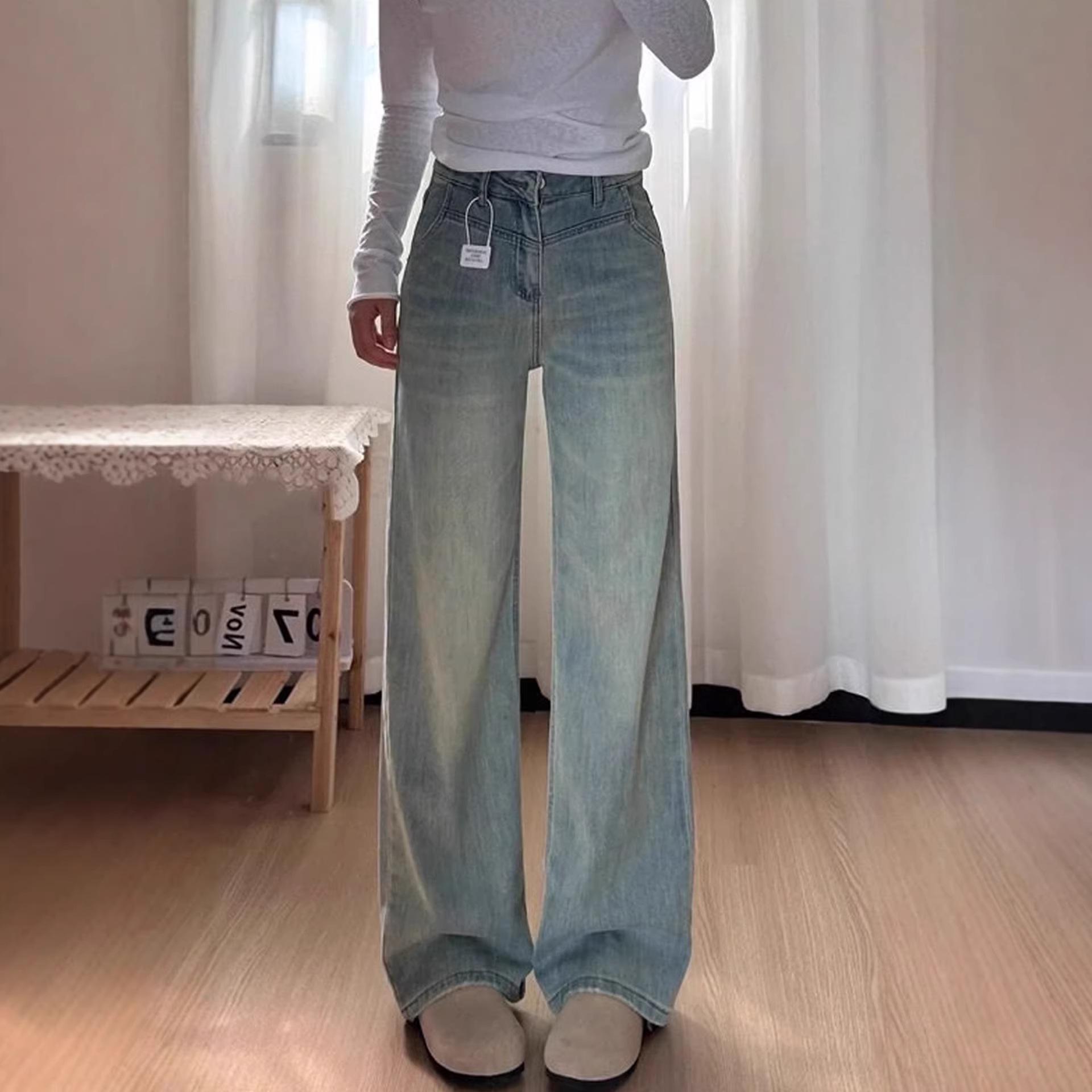

Women s Light Blue High-Waisted Wide-Leg Jeans - Spring/Autumn Pear Shape Slimming Loose Fit 3XL синий