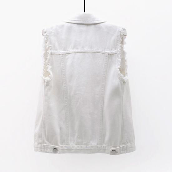 Lapel Sleeveless Single Breasted Flap Pockets Women Waistcoat Candy Color Ripped Holes Denim Vest Coat Streetwear