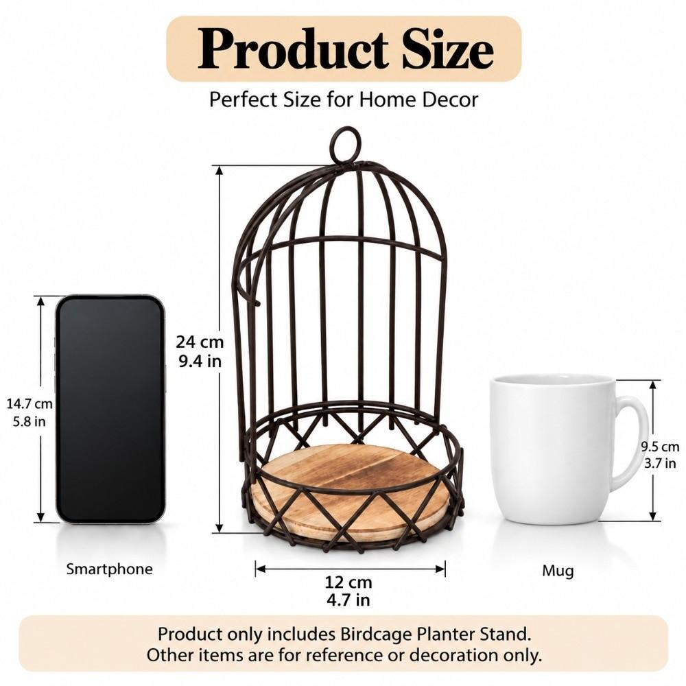 Vintage Birdcage Planter Stand Iron Frame,Wooden Board Bird Cage Table Decor  Vase Bouquet Display