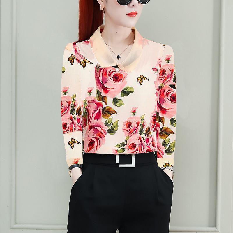 

Office Lady Sweet Peter Pan Collar Blouse Summer New Loose Fashion Floral Printed Female Chic Decoration Shirt S рожевий