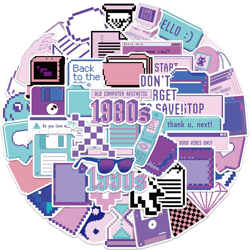 53 Cartoon Purple Pixel Style Graffiti Stickers Can Decorate Suitcase Pen Guitar Notebook Waterproof and Explosive