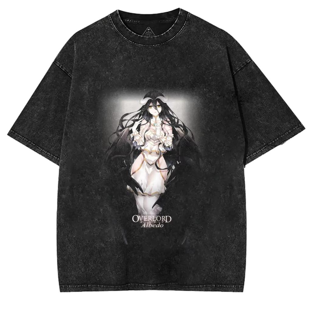 Albedo Overlord Men's Anime Gothic Y2K Washed Loose Summer Short Sleeve Harajuku Style T-Shirt