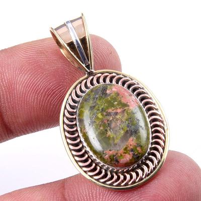 Natural Unakite Gemstone 925 Solid Sterling Silver Two Tone Pendant 1.50" M8a43