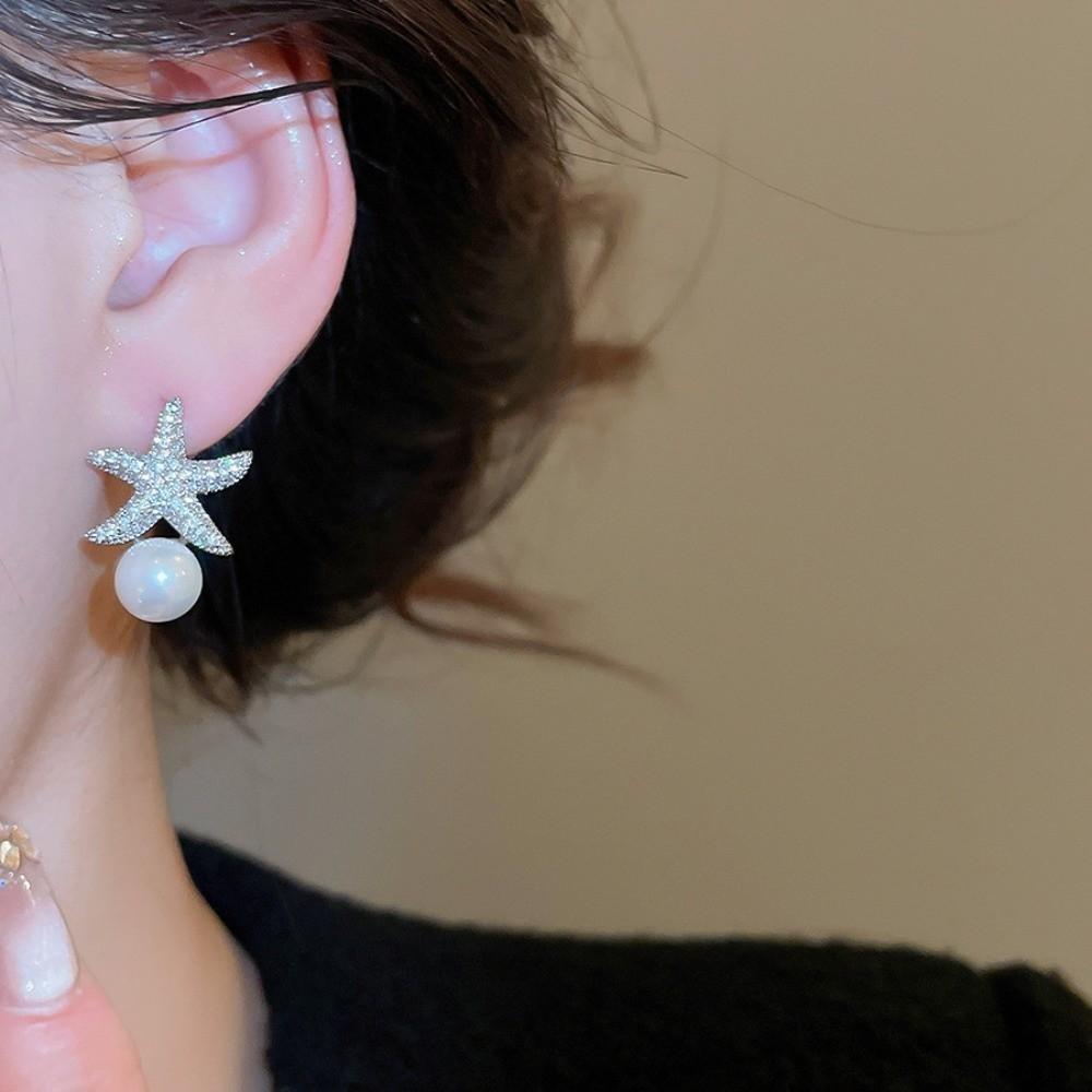 Ocean Style Starfish Starfish Pearl Stud Earrings Crystal Starfish Ear Studs  Girl Couple Gift