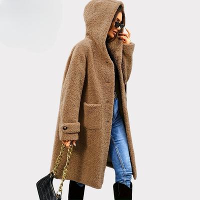 Cappotto da Donna in Pile Teddy con Cappuccio, Vestibilità Larga, Lunghezza Media, Pile d'Agnello, Spesso e Caldo per Autunno e Inverno