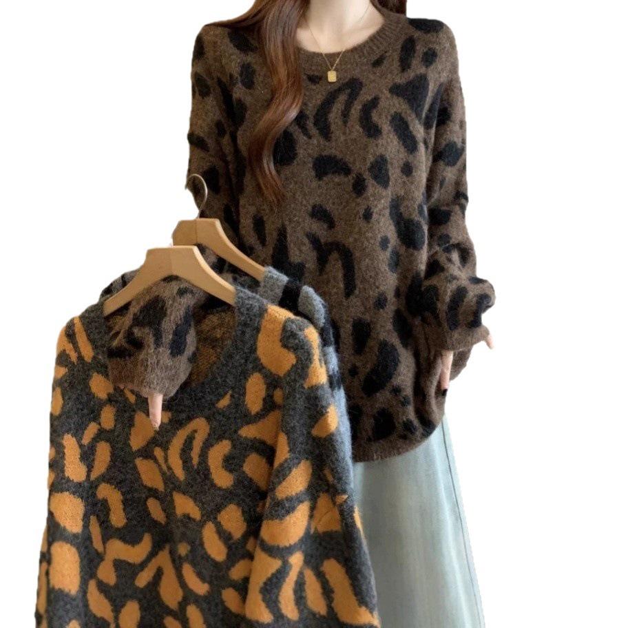 American Leopard Print Loose Long Sleeve Knit Pullover Plus Size Sweater for Women