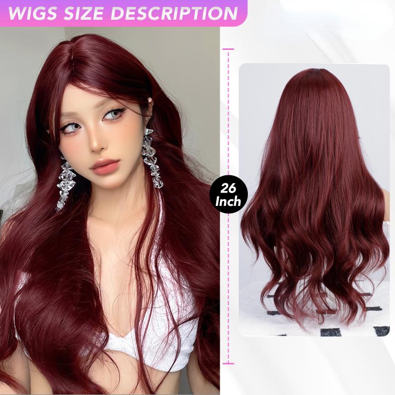 Rose Red Curly Wave Wigs Separate Bangs 26 Inch  Fiber Synthetic Heat-resistant Deep Wave Hair Natural Party or Selfie Korean Fashion