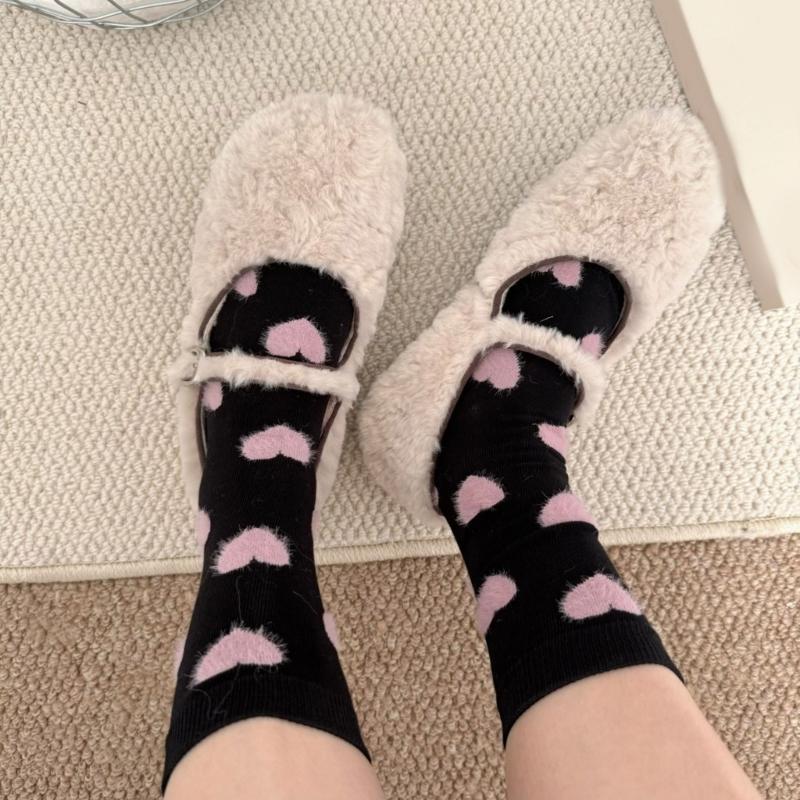 4 Pairs Womens Casual Crew Socks Elastic Fit Flocking Heart Pattern Soft Nylon Fabric Calf Socks for Comfort and Fashion