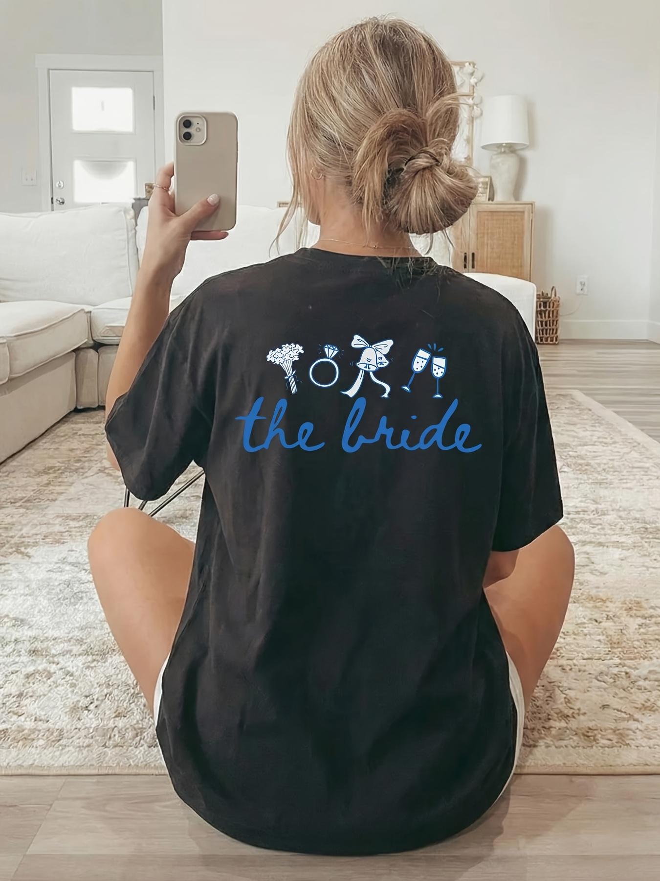 

[Double-sided Print] Women s T-shirt, Short-sleeved Round-neck Casual Top, Blue Bridal Theme Print Featuring Bouquet, Ring 4XL чорний