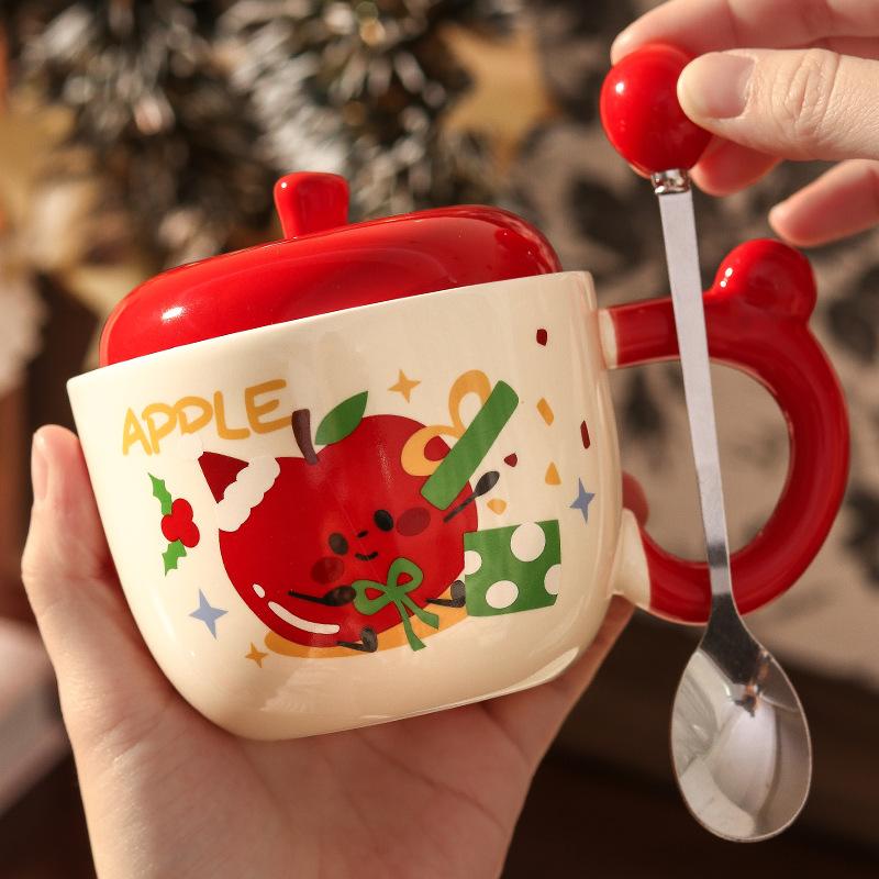 Apple High-value Water Cup Girls Ceramic Mug with Lid Christmas Coffee Breakfast Cup Birthday Gift Souvenir
