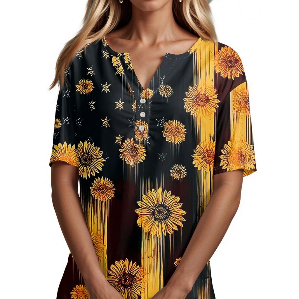 Women's T Shirt Tee Print Button Short Sleeve Daily Weekend Fashion Basic V- Neck Regular Top