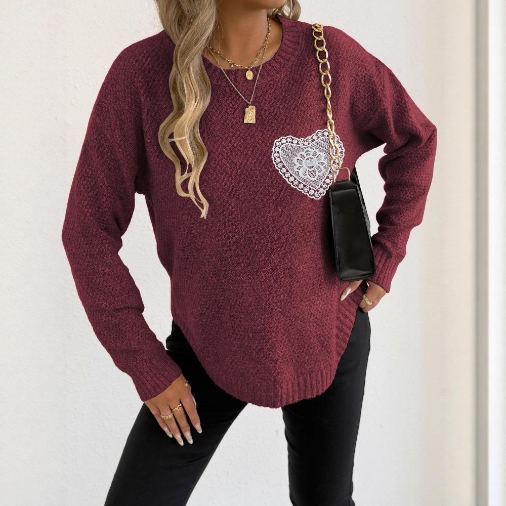 A Woolen Top with Hollowed-out Lace Pockets and A Round-neck Pullover for Women