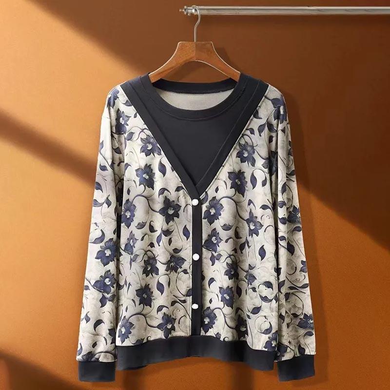 Sweatshirt for Women Cotton Oversize Fake Two Pieces Loose Round Neck Casual Pullover Long Sleeve Top Sweatshirt