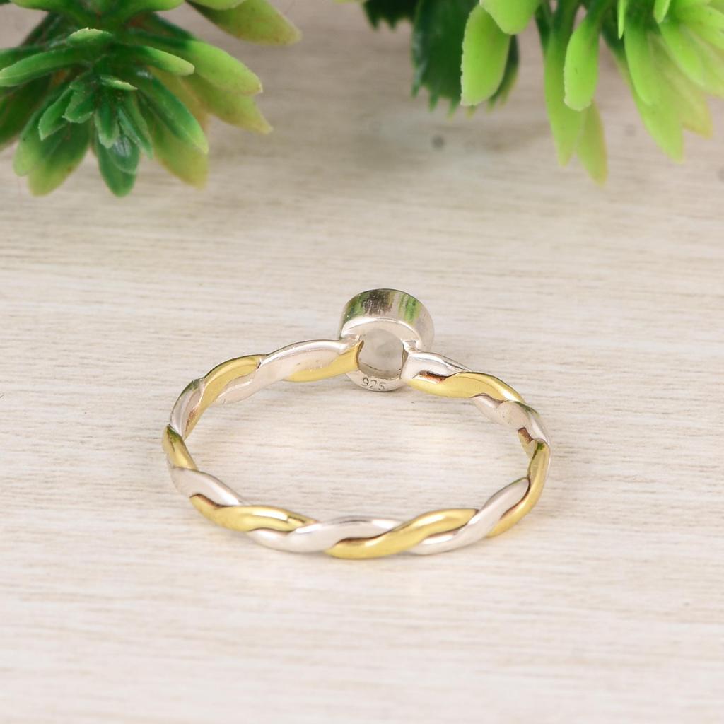 Moonstone Twisted Band 925 Sterling Silver Two Tone Ring, Minimalist Moonstone Ring, Handmade Stacking Ring, Gift for Her