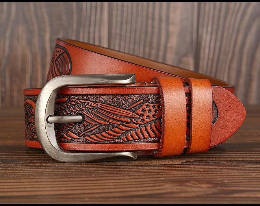 Men's Eagle Carved Wholecut Cowhide Belt - Casual Pin Buckle for Jeans