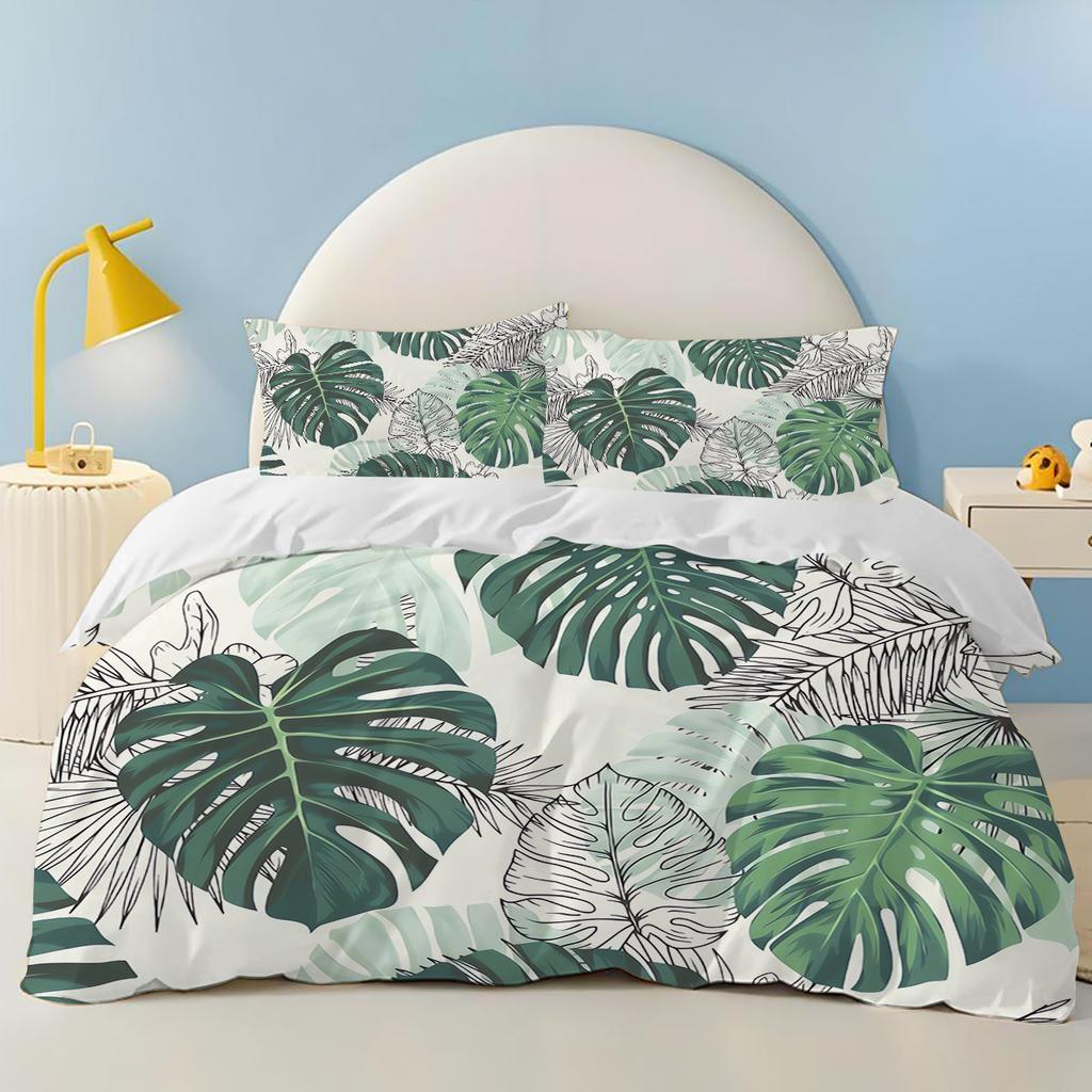 Plants leaves green 100% Polyester Home Decor 3-Piece 1 Quilt Cover One Piece Bedding Set Comforte Exquisite Birthday Gift