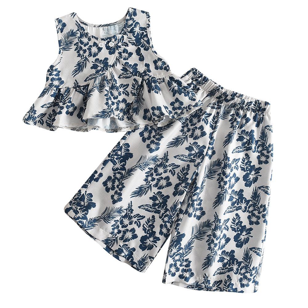 Sommerliches, modisches Retro-Blumen-Set im koreanischen Stil, Kinderbekleidung für Mädchen, Weste und weite Hose, zweiteiliger Urlaubsstil