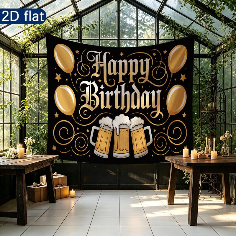 Golden Balloons Gifts Beer Mugs Birthday Party Backdrop, Polyester Banner for Photo Background & Decor