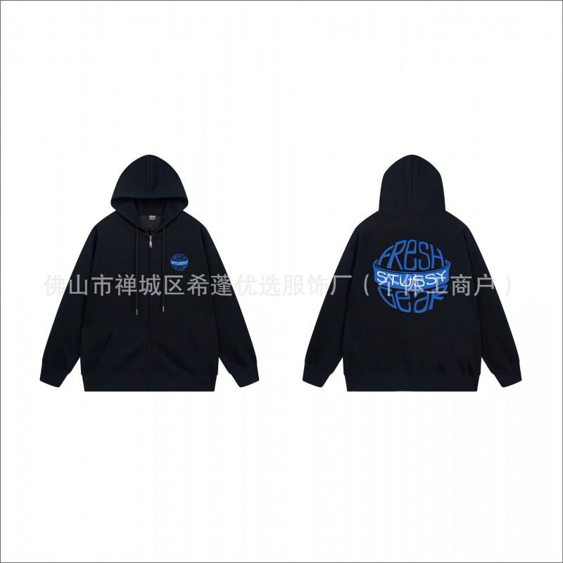 Stu Unisex Hooded Zip-Up Sweatshirt With Letter Print Fleece-Lined Oversized Fit Winter Casual Wear