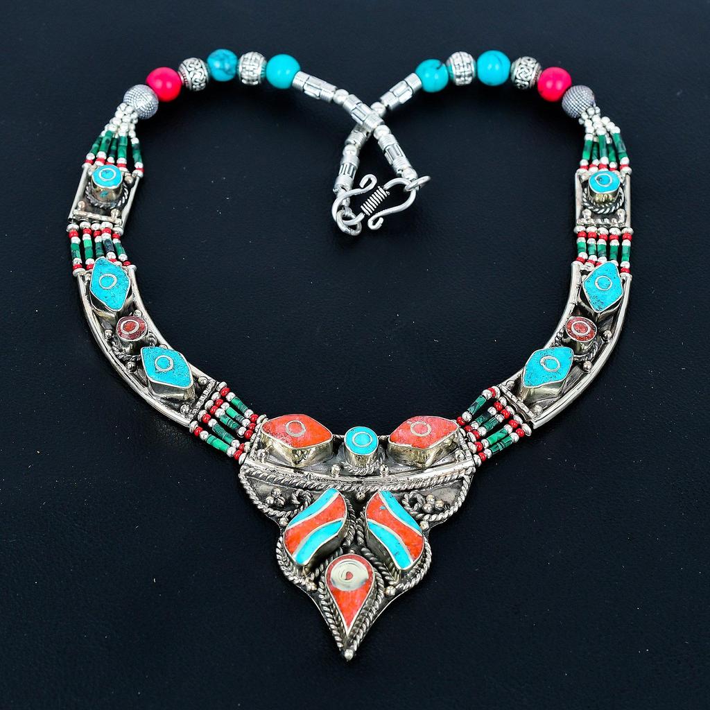 Natural Turquoise, Red Coral 925 Sterling Silver Necklace Tibetan Silver Bohemian Antique Necklace Handmade Jewelry Nepali Necklace Gift