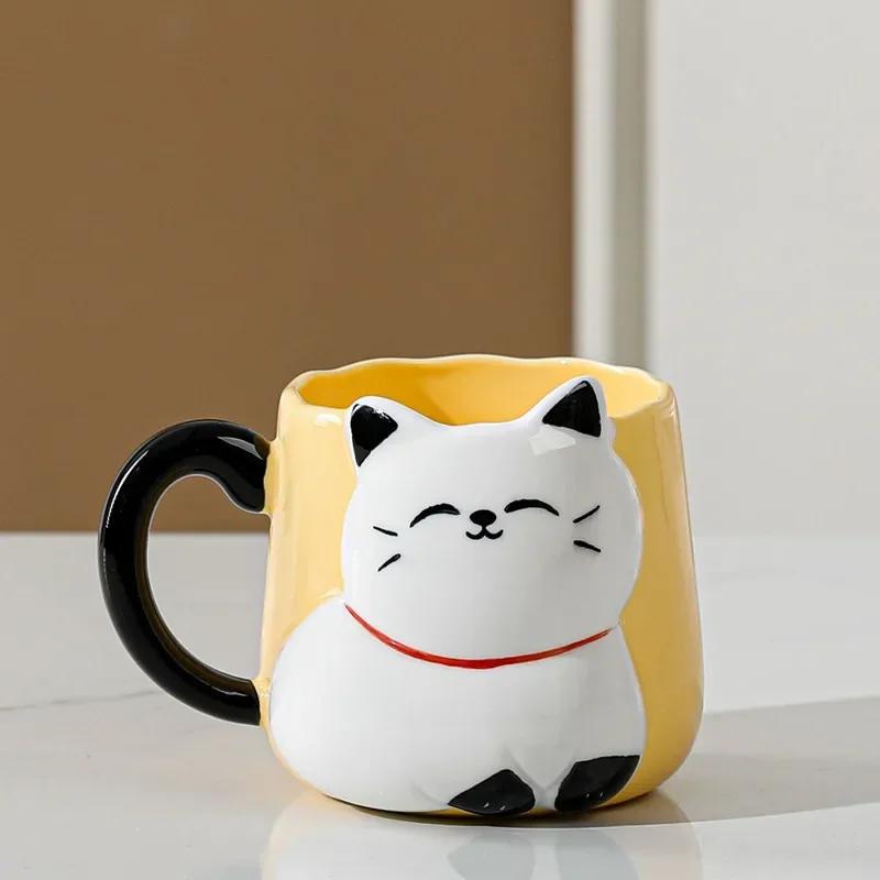 Cartoon 3D Embossed Ceramic Cup Cute Cat Coffee Milk Tea Breakfast Handle Cup Tableware Novelty Gift Home 400ml Mug
