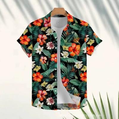 Summer Hawaiian Coconut Tree Print Short-sleeved Shirt Men's Vacation Casual Loose Beach Flower Shirt Spot Wholesale