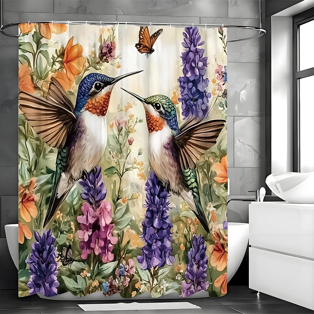 Kolibri Blumen Schmetterling Duschvorhang, Dekorativer Duschvorhang für Badezimmer, Wasserdichter Duschvorhang mit Haken