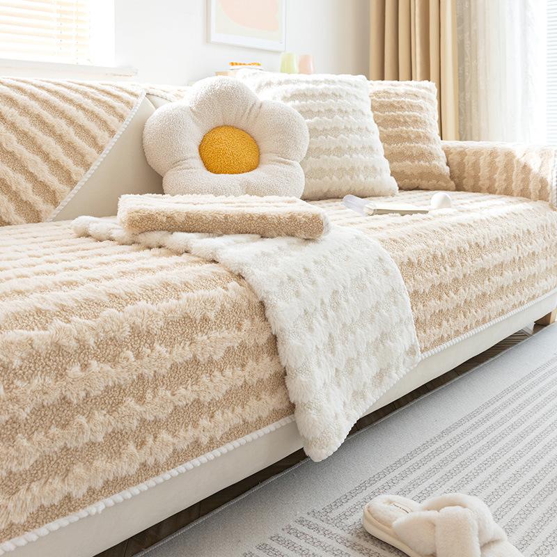 Winter Thicken Sofa Cushion Wave Plush Warm Solid Color Sofa Cover Towel Anti-slip Couch Protector Slipcover for Living Room