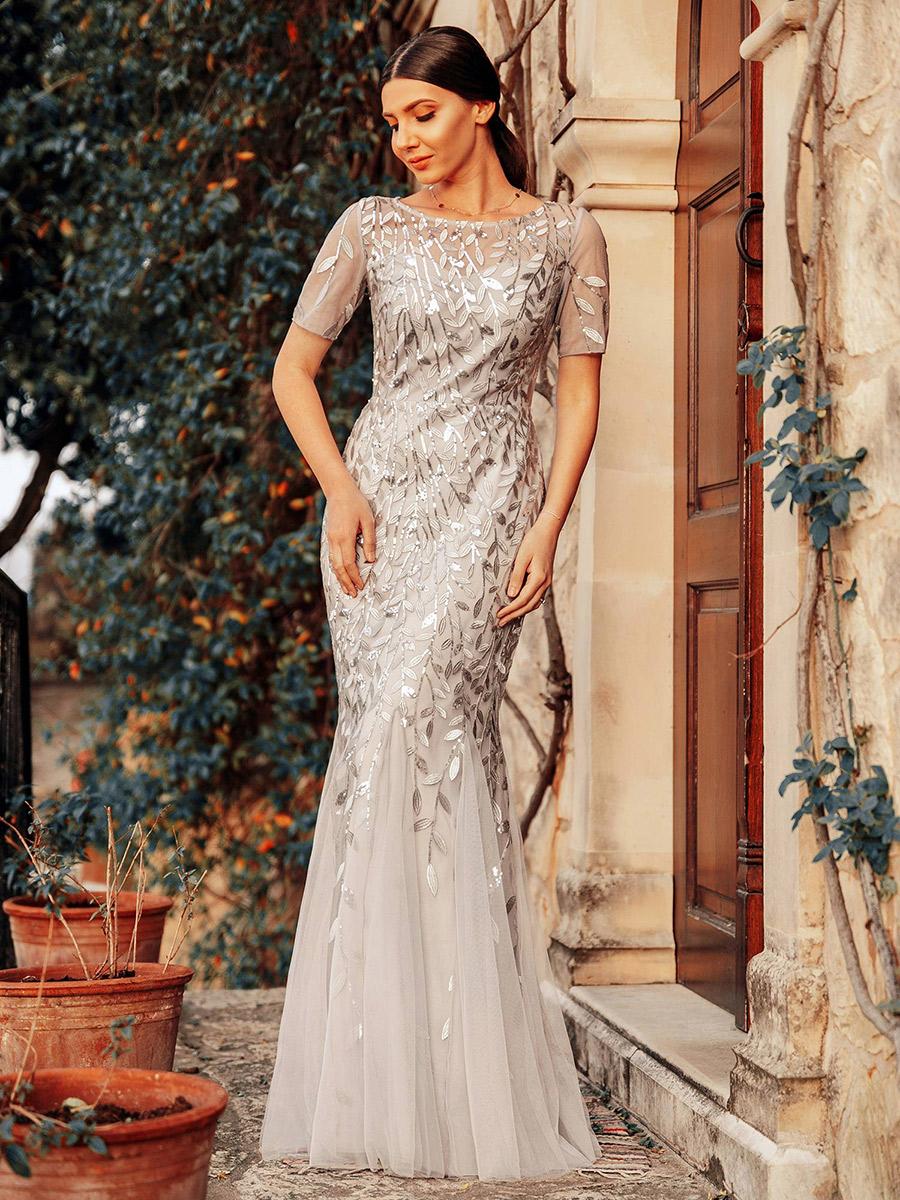 Вечернее платье из тюля Ever-Pretty Illusion с вышивкой «рыбий хвост» S серебряный