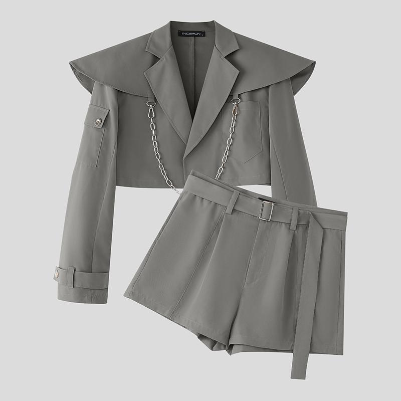 

INCERUN 2PCS Men Lapel Neck Long Sleeve Cropped Tops Pants Two Piece Suit Casual Outfits Sets 5XL