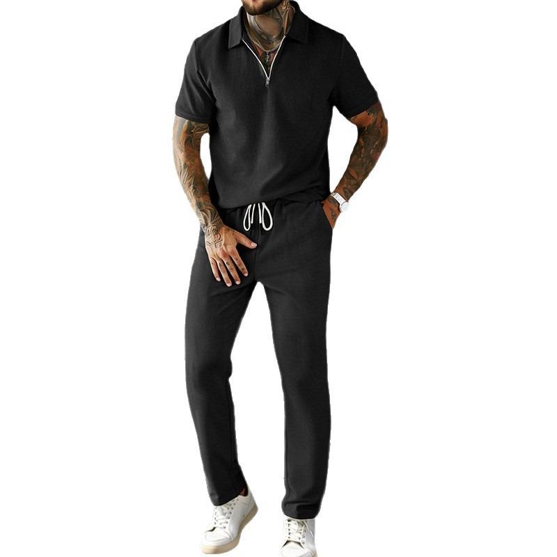 Men's Summer White Textured Half Zip Polo Drawstring Trousers Set
