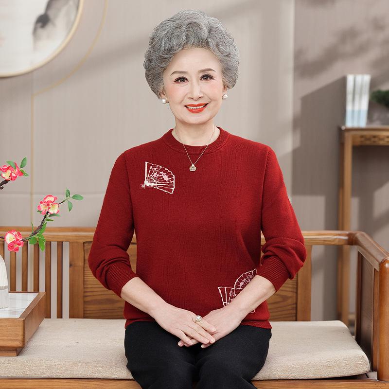 2025 Stylish Knit Base Layer Top for Middle-Aged & Elderly Women - Autumn/Winter Red Sweater