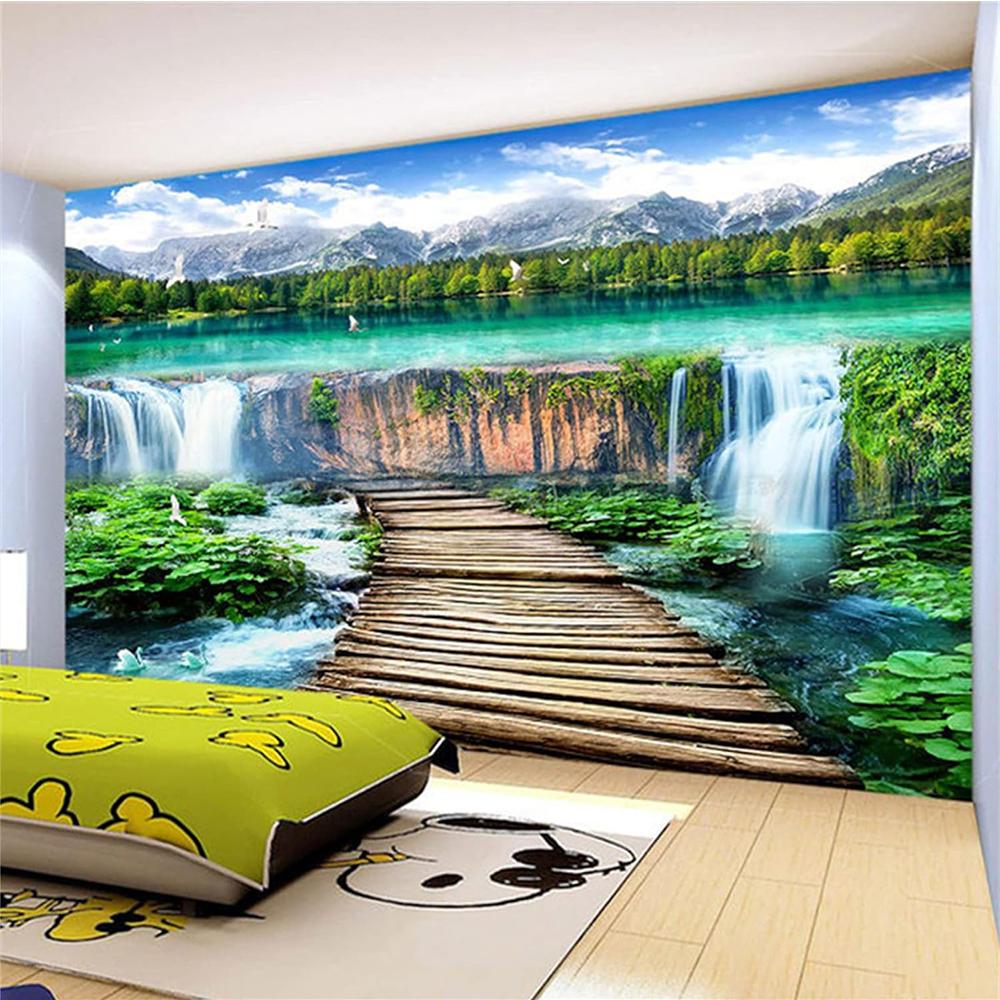 Waterfalls Wallpaper Landscape Wood Bridge Photo Mural Living Room Bedroom Restaurant Wall Stickers
