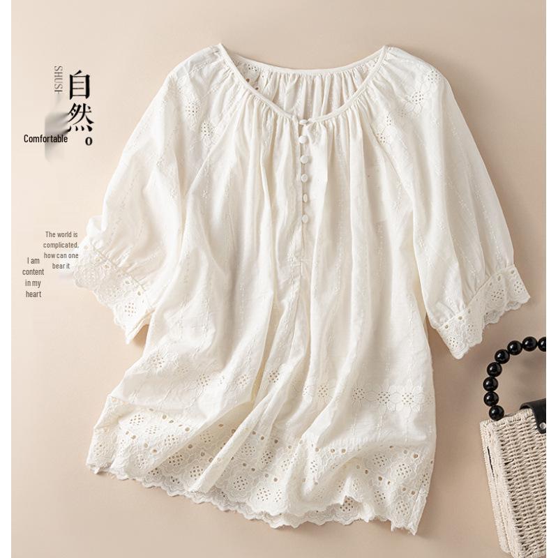 Women s Summer 2026 Lace Trim Cotton Shirt with Embroidery Extra Large
