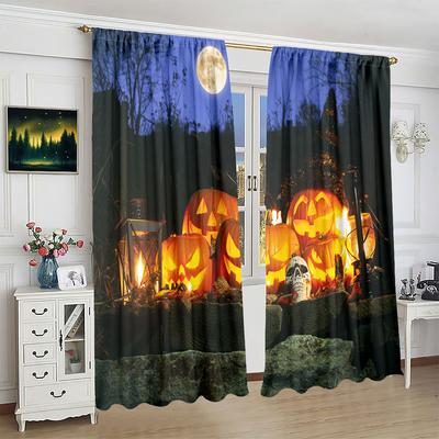 2 Pieces of Halloween Demon Pumpkin Lantern Printing Curtain - Polyester Material - Suitable for Bedroom Living Room Study Room