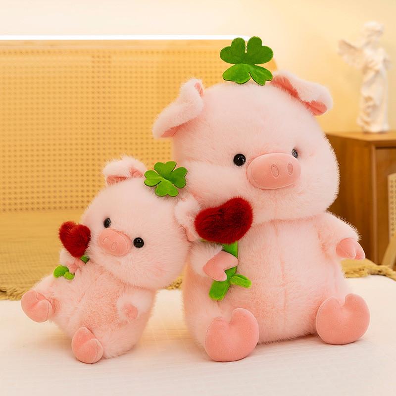 Clover Four Leaves Pig Hugging Heart Shaped Rose Doll Plush Toy Gift Animal