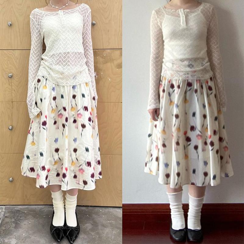 Soft Romantic Floral White Midi Skirt for Women - Summer Elastic Waist Sweet Casual High-Waist A-Line Skirt