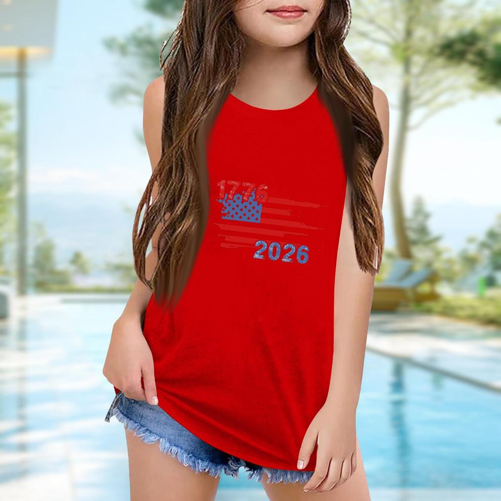 Girls  Kids Summer Crewneck Sleeveless Shirts Tank Tops Independence Day