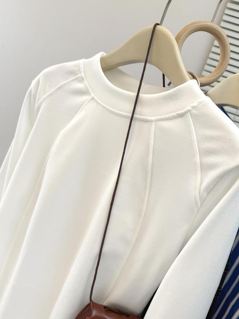 Women's Loose Fit Thermal Fleece T-Shirt - Solid Color, Round Neck, Long Sleeve, Korean Style for Autumn and Winter