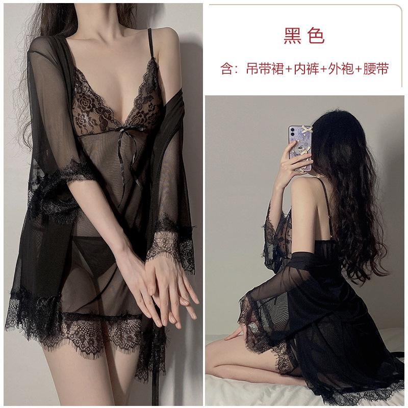Sex Underwear Sexy Lace Seduction Suspender Robe Loungewear Mesh Hollow Perspective Large Size