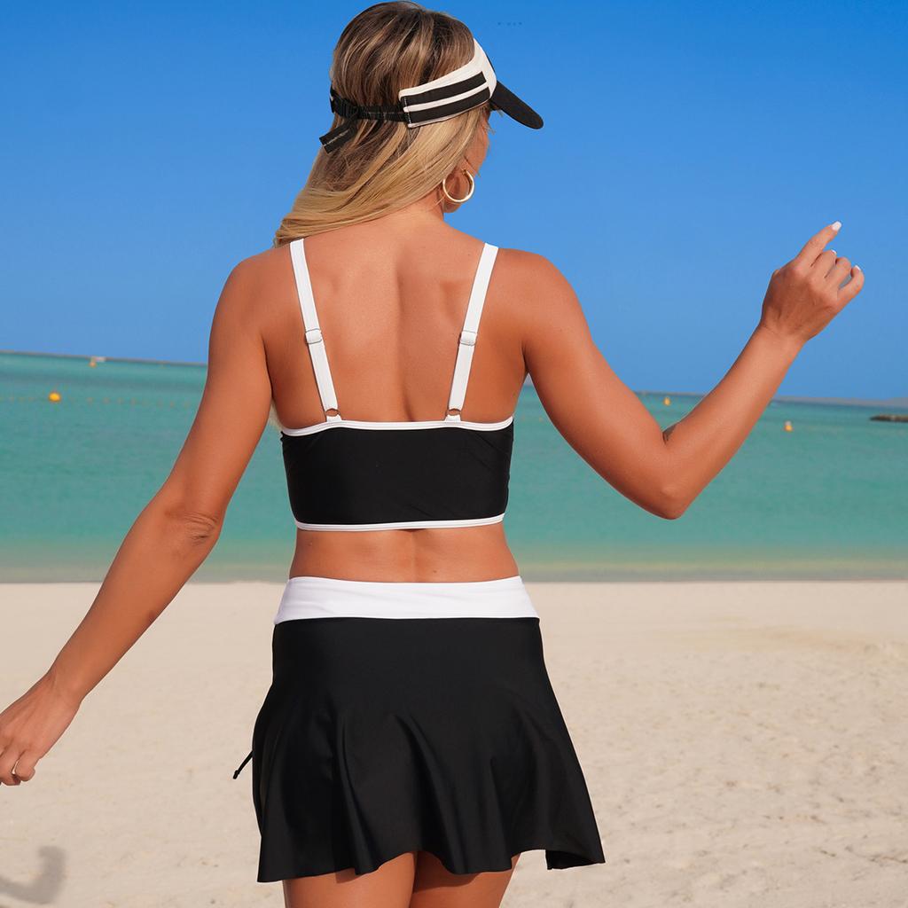 Damen-Badeanzug Unifarben Kordelzug Sport Schlitze Rock Sexy Bikini Anzug Strandbekleidung Mehrfarbig