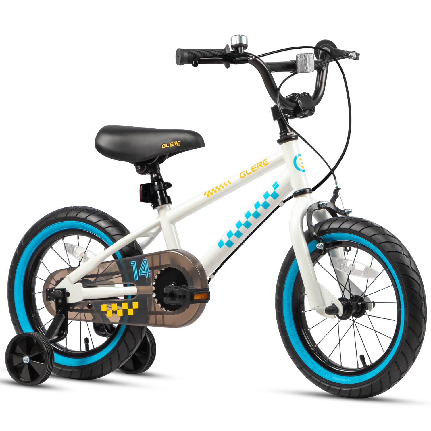 

[Glerc]Детский велосипед NuNu, велосипед в стиле BMX для мальчиков, для обучения катанию малышей, с тренировочными колесами, 14 дюймов, белый/голубой