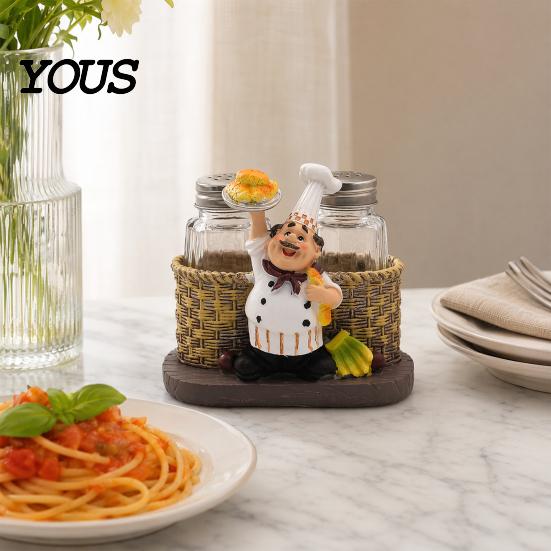 Cartoon Chef Kitchen Decor Salt And Pepper Shakers Set, Decorative Resin Statue Spice Even Seasoning Spreader Organizer, Glass Holder for Dining