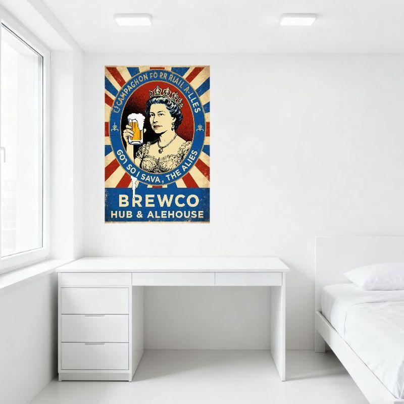 Vintage Queen Elizabeth II Beer Propaganda Metal Tin Sign, Retro Union Jack Radial Burst Wall Art for Bar Pub Man Cave Home Deco