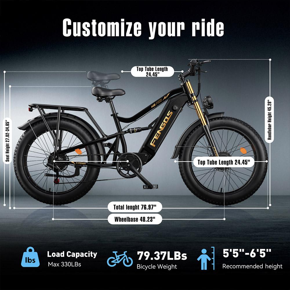 Elektrické kolo FENGQS H6 PRO Dva 750W motory 52V 17.5Ah Baterie 26*4.0 palcové Pneumatiky 60km/h Maximální Rychlost 140km Maximální Dojezd 7rychlostní
