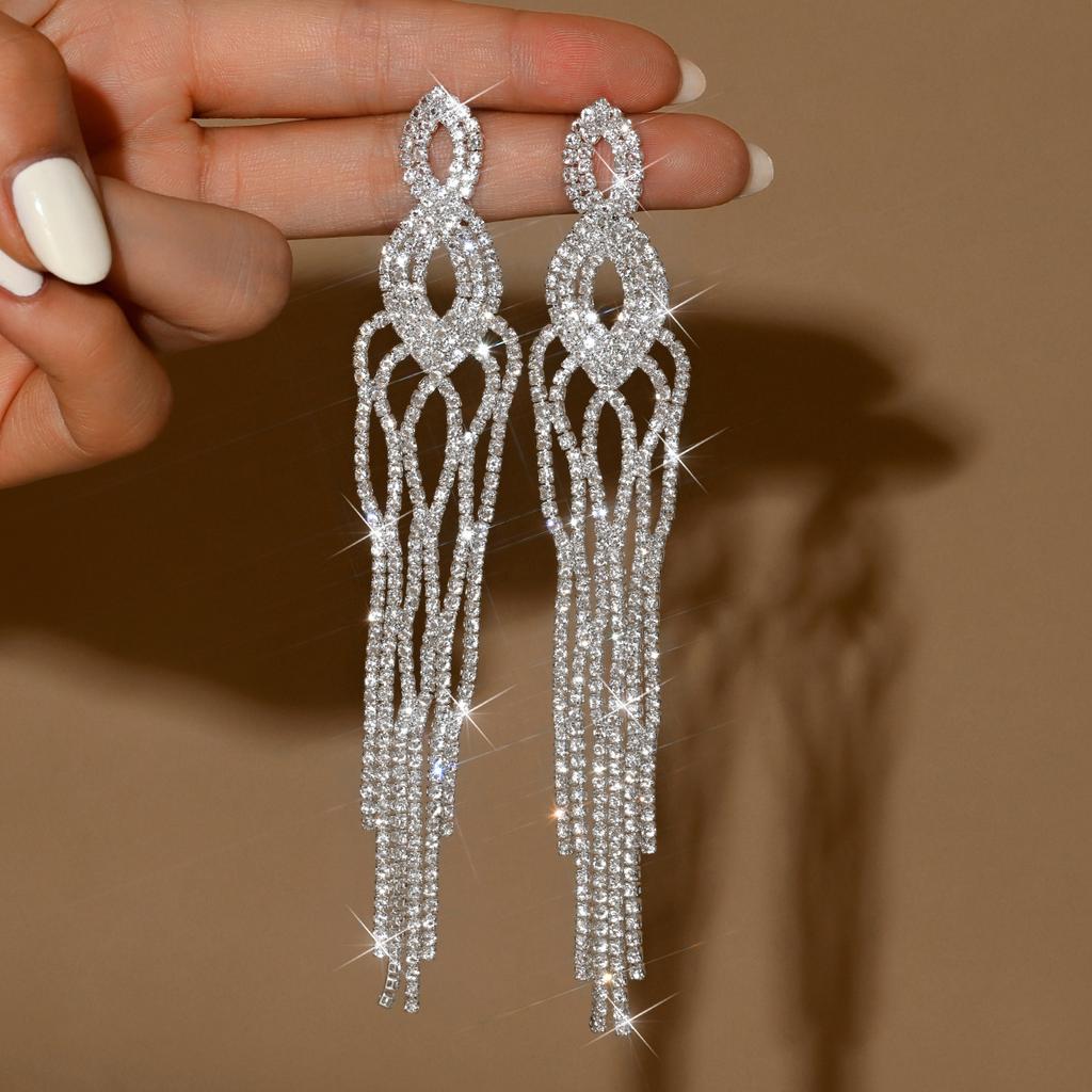 Long Tassel Earrings Full Of Diamonds, Super Flash, Light Luxury, High-End Studs, Fashion Style, Celebrity Party Exaggerated Earrings