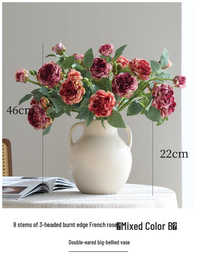 Vintage Burned Edge Rose Artificial Floral Arrangement for Living Room or Dining Table Decor