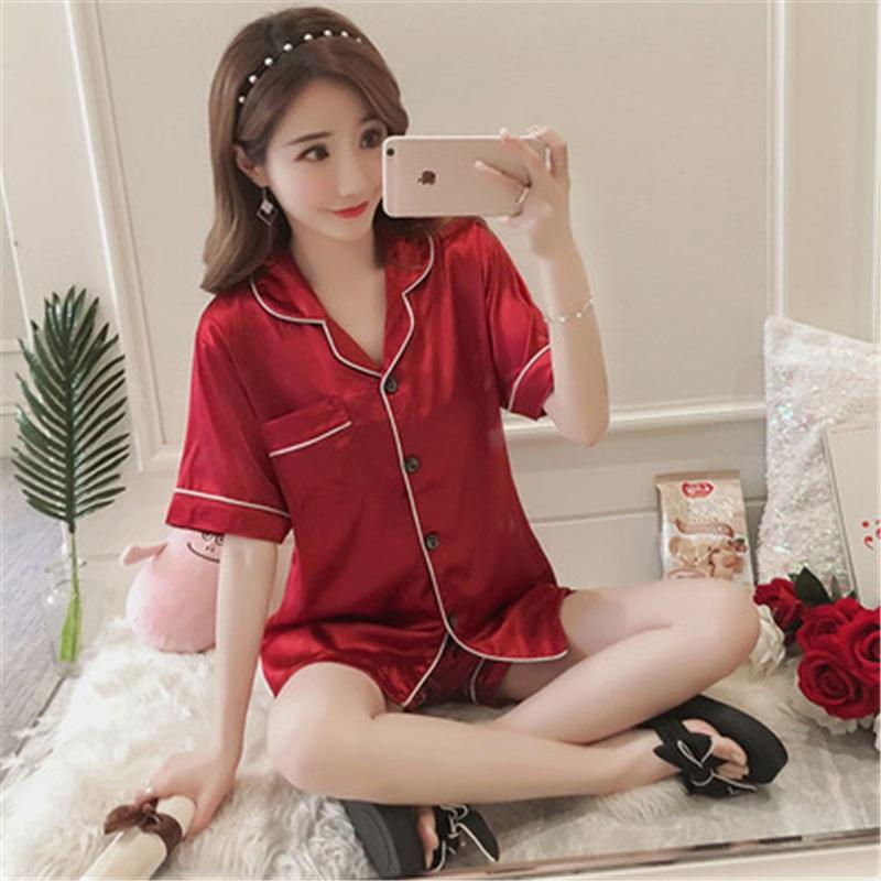 Women's Ice Silk Short Sleeved Shorts Pajama Set Imitation Silk Lapel Cardigan Home Clothes Lightweight And Breathable Two-piece Set