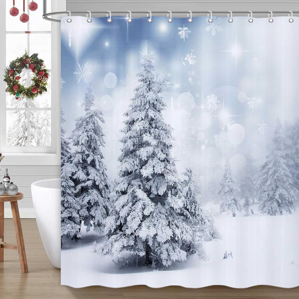 Winter Forest Christmas Shower Curtain with Snowflake Tree Pattern, Waterproof Holiday Bathroom Decor Set Includes  Hooks