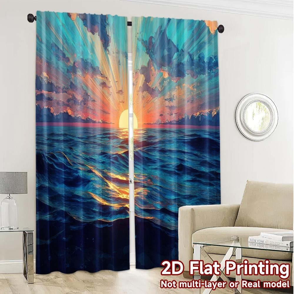 2pcs   2D FLAT PRINTING Curtains (Without Rod) Sunset Waves Pattern Popular Curtains Versatile Fabric Curtains Room Decor
